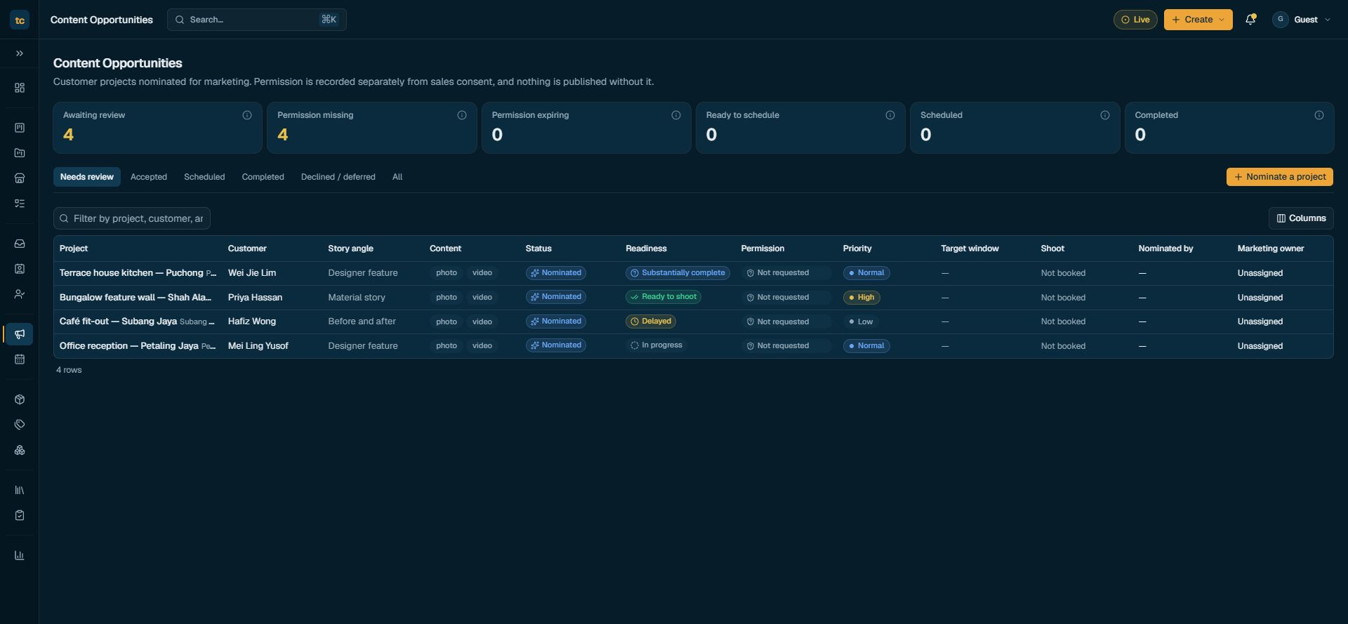 Tile Concept content opportunities workflow with permission status